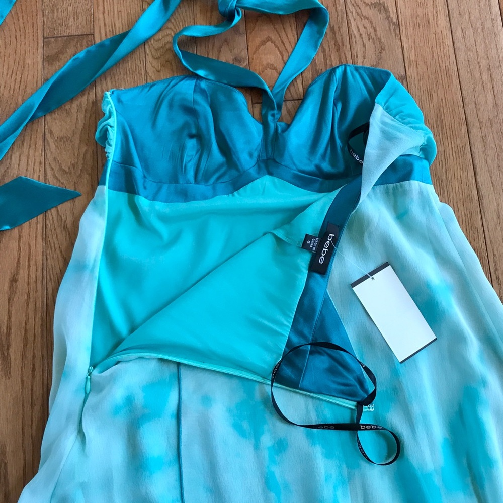 Bebe NWT 100% Silk Ombré Boho Asymmetric Midi Dress Blue Sz S - Picture 6 of 8